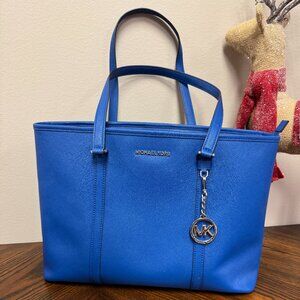 Michael Kors Leather Signature Tote Bag Bright Blue NEW Never Used